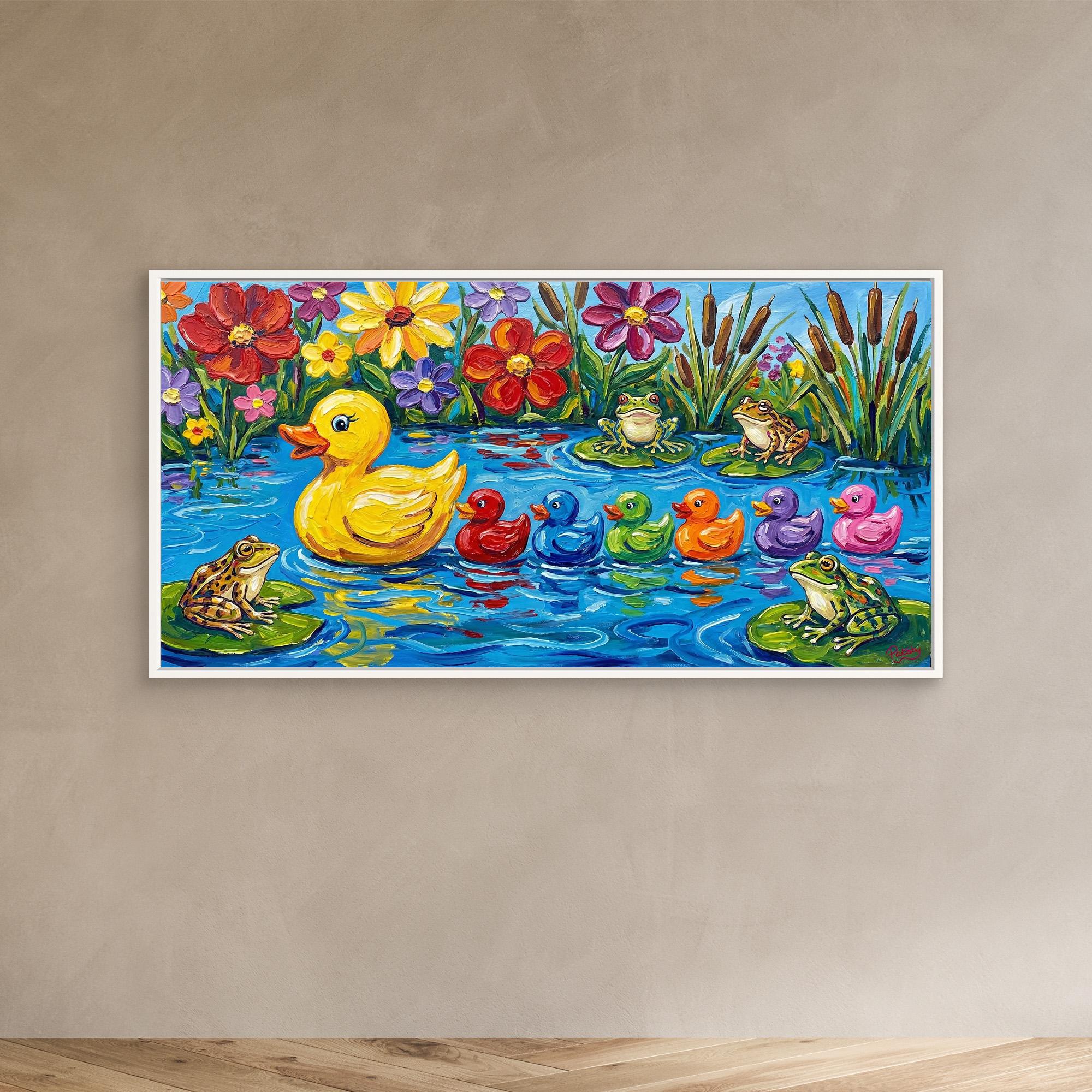 Cute funny Rubber Duck family swimming across pond. Bathroom wall art