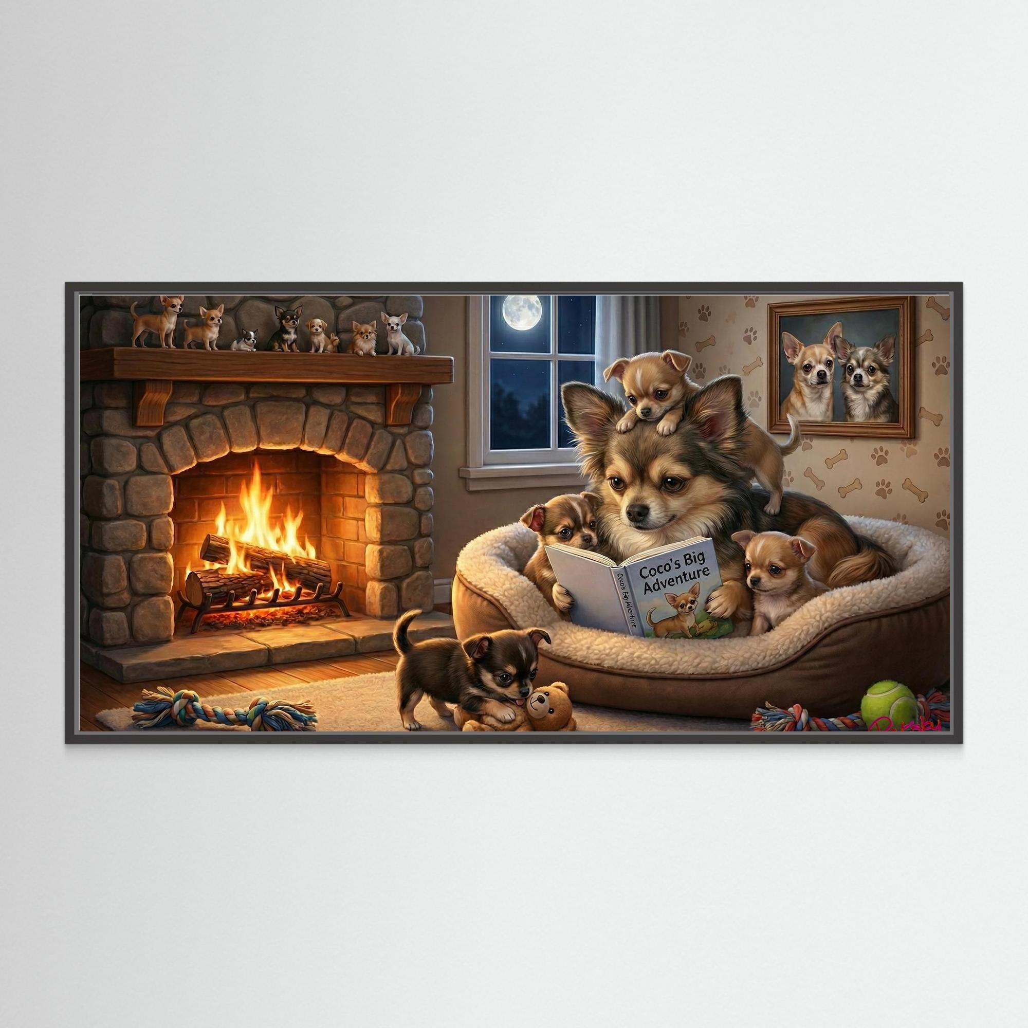 Chihauhua Reading to her Puppies. Canvas wall art.