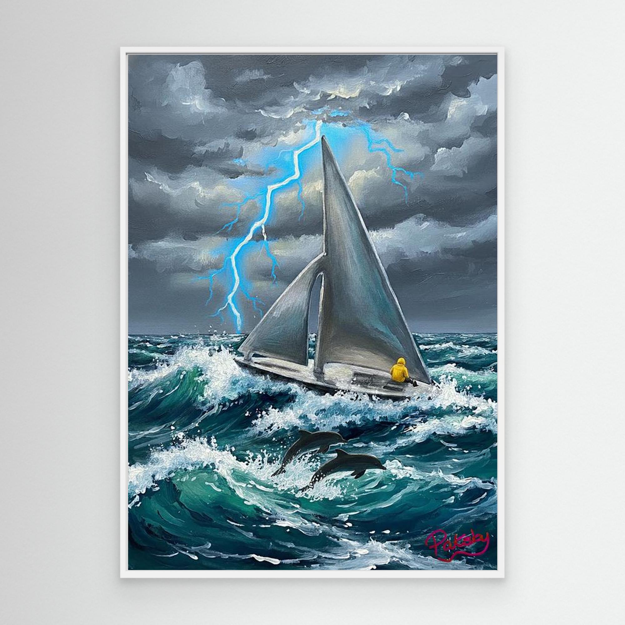 Sailboat with Silver Sails in a Stormy Sea (non-US shipping)