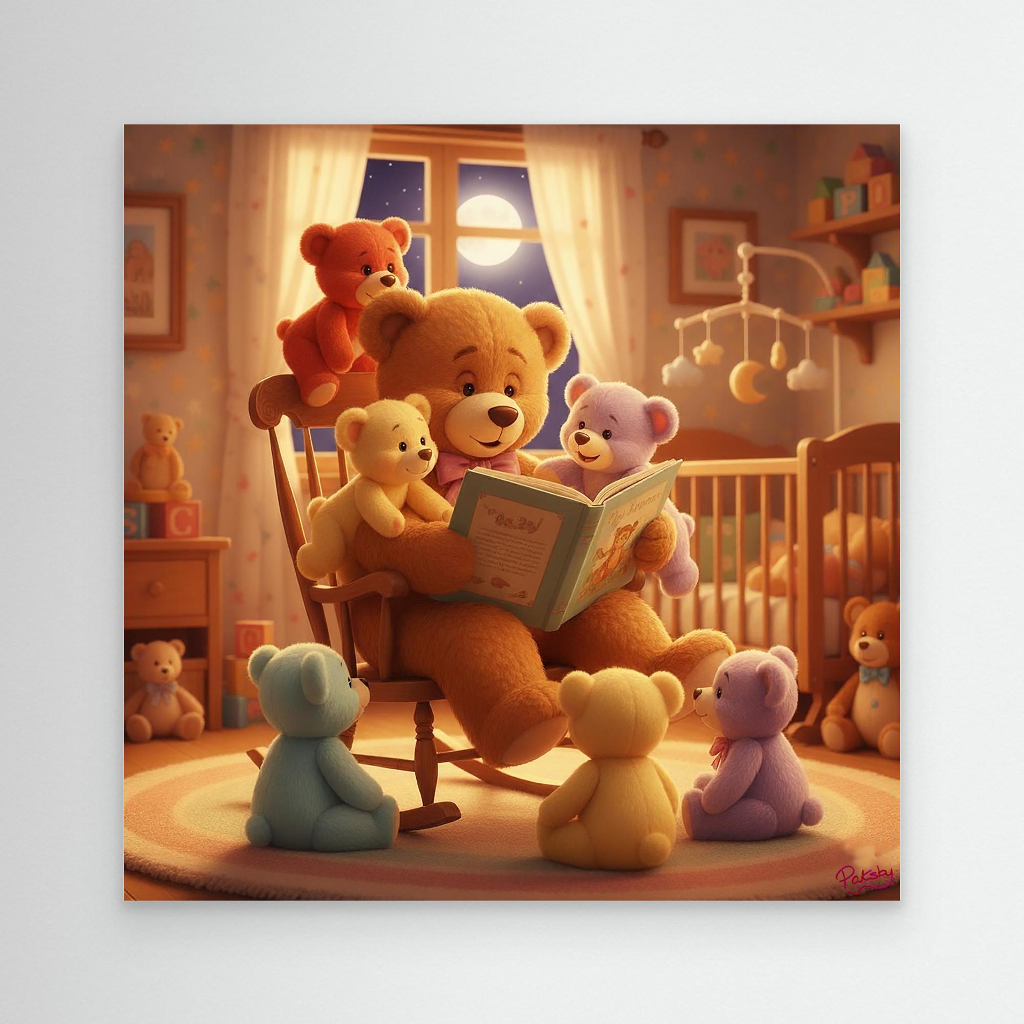 Teddy Bear reading to babies. Baby gift, child gift, canvas print (Non-US shipping)