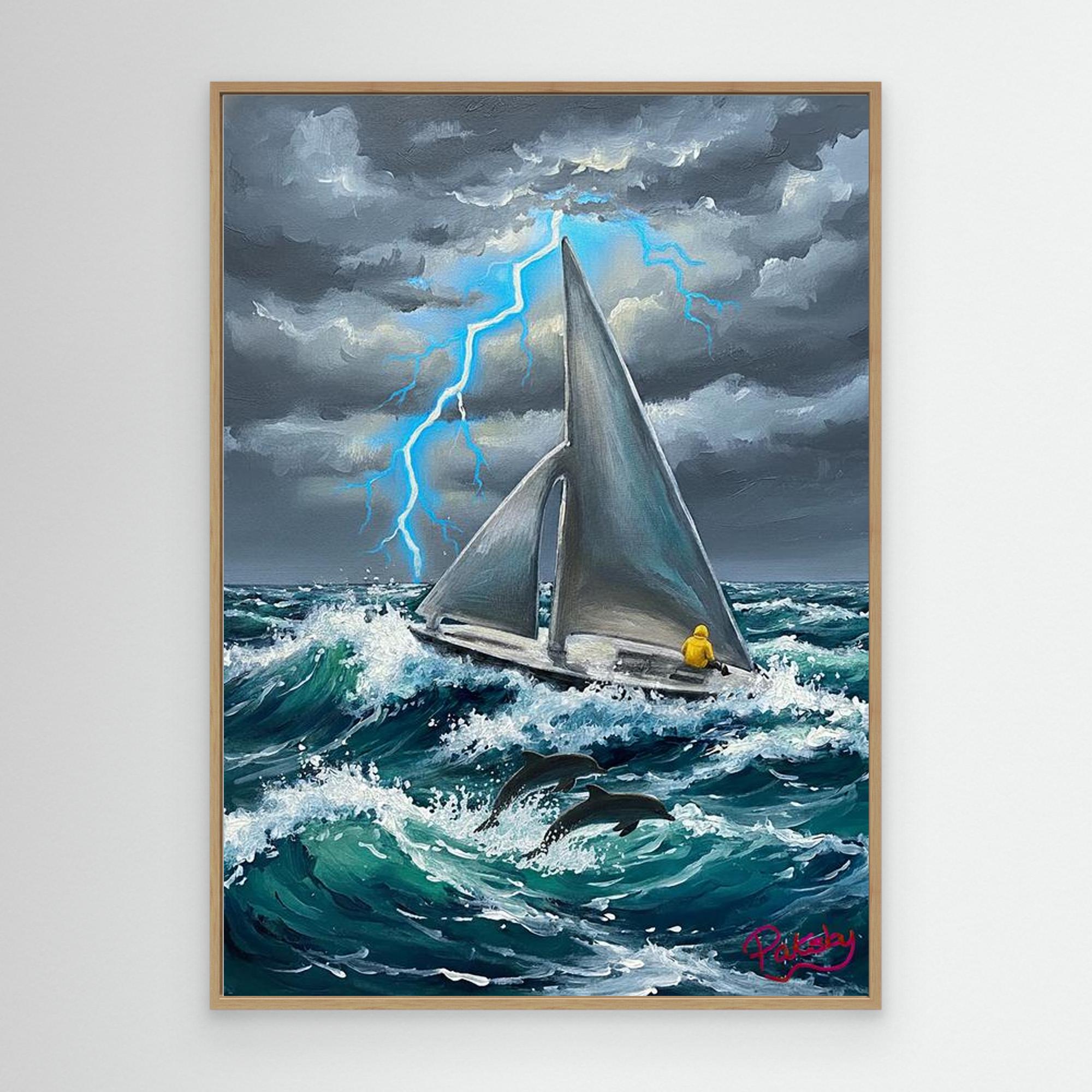 Sailboat with Silver Sails in a Stormy Sea (non-US shipping)