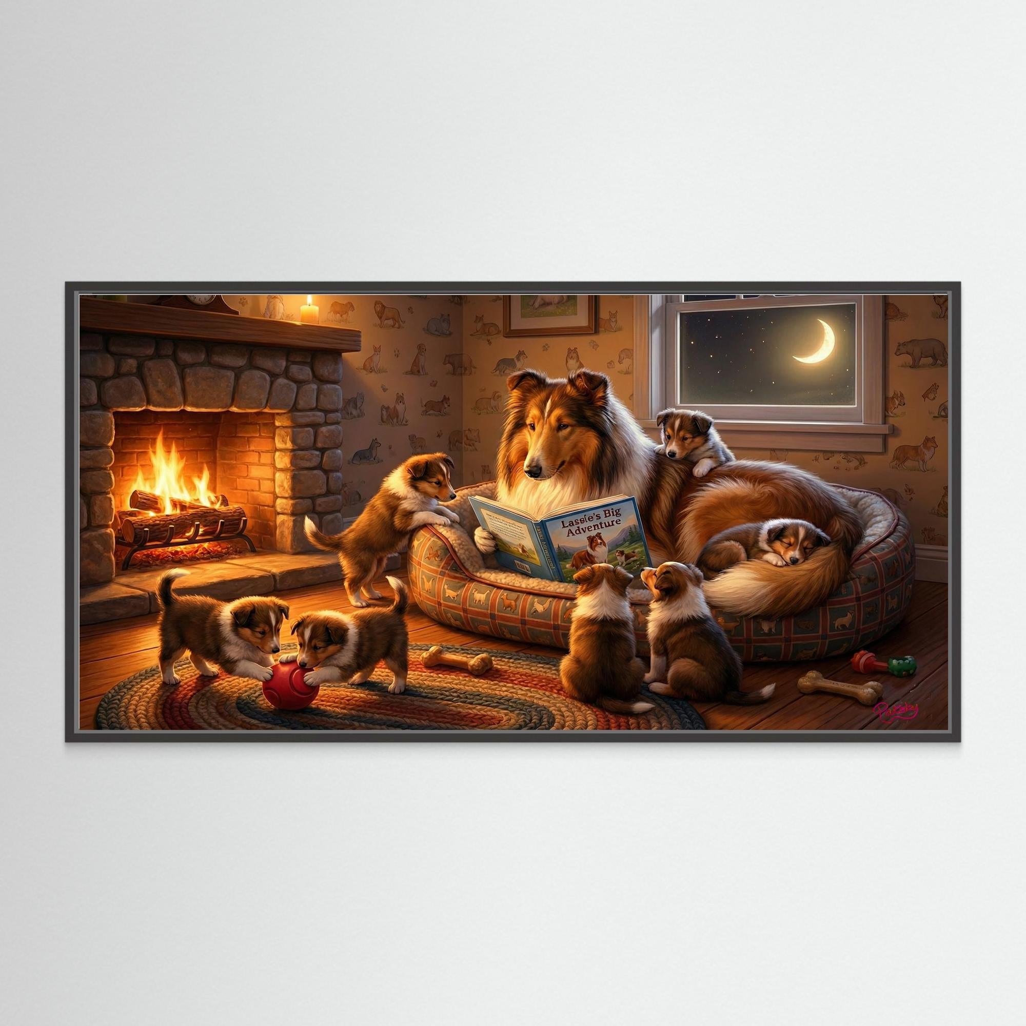 Rough collie reading a story to her puppies.