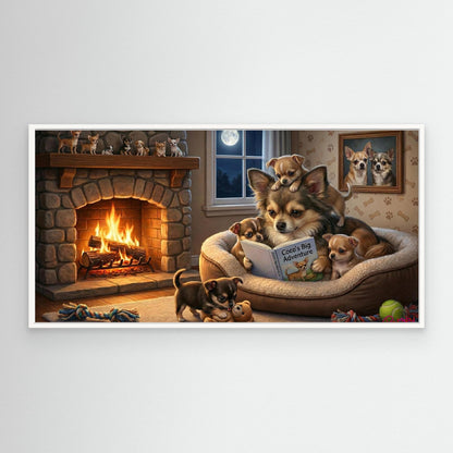 Chihauhua Reading to her Puppies. Canvas wall art.