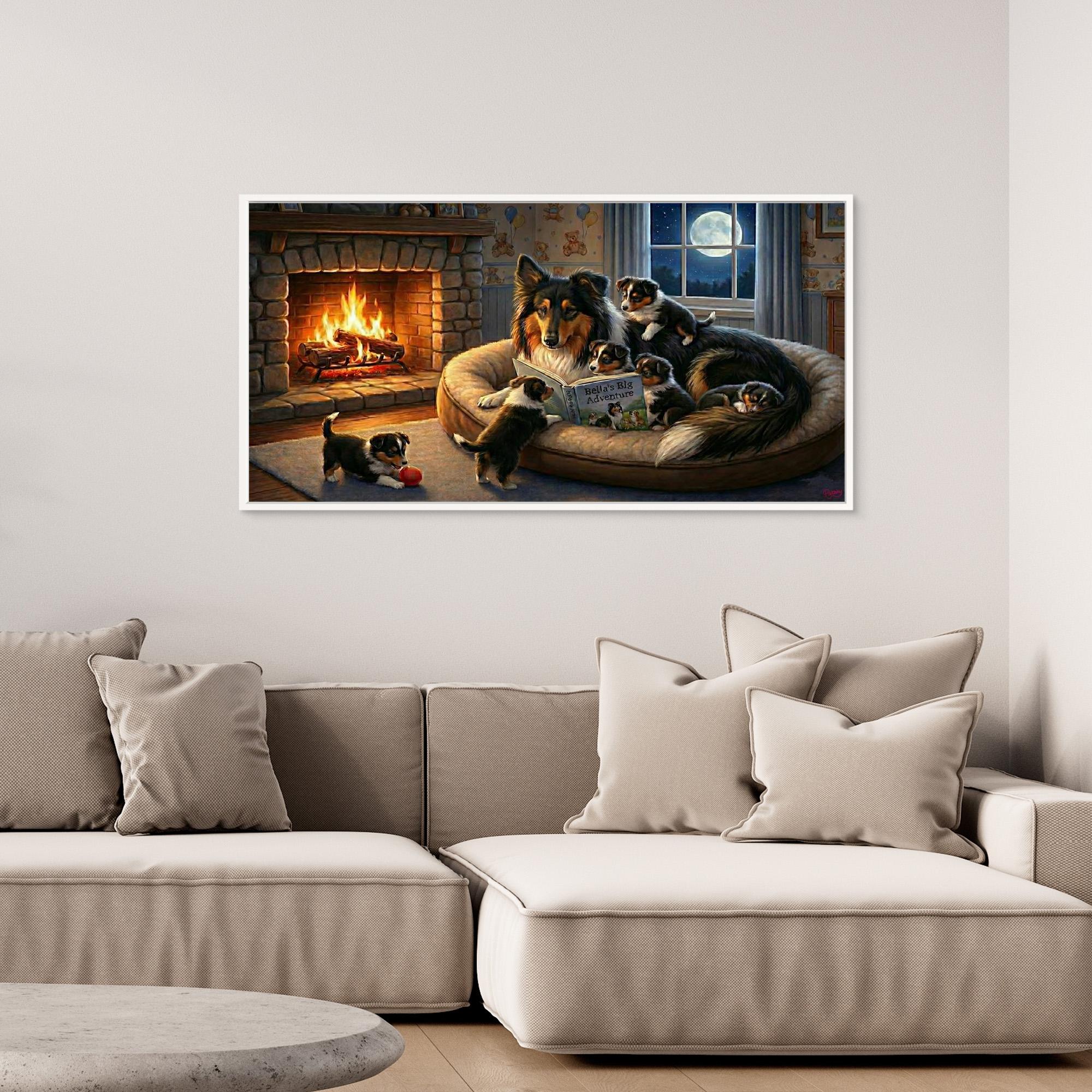 Tricolour Rough Collie Reads a Story to her Puppies. Canvas wall art. Dog-lover gift..