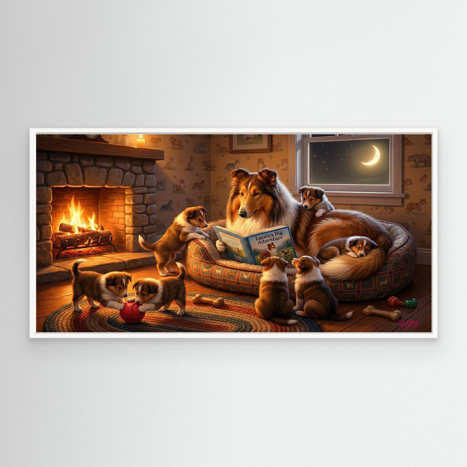 Rough collie reading a story to her puppies.