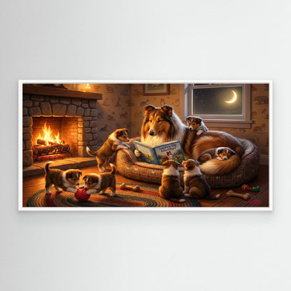Rough collie reading a story to her puppies.
