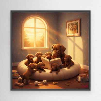 Chocolate Labrador Mama Reading a Bedtime Story to her Puppies. Gift for dog lover. (US shipping)