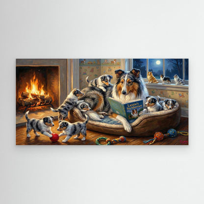 Blue Merle Rough Collie and Puppies. Canvas wall art. Dog-lover gift.