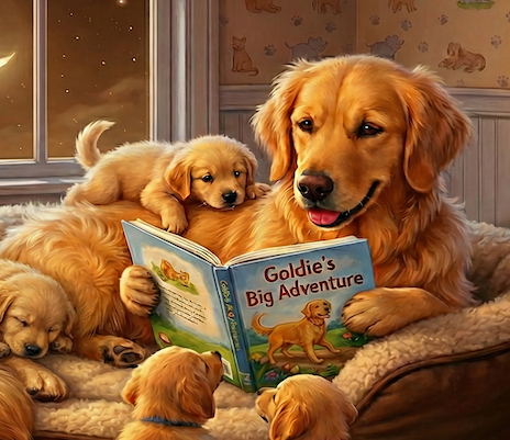 Golden Retriever Reading a Bedtime Story to her Puppies. Dog-lover gift. Canvas wall art