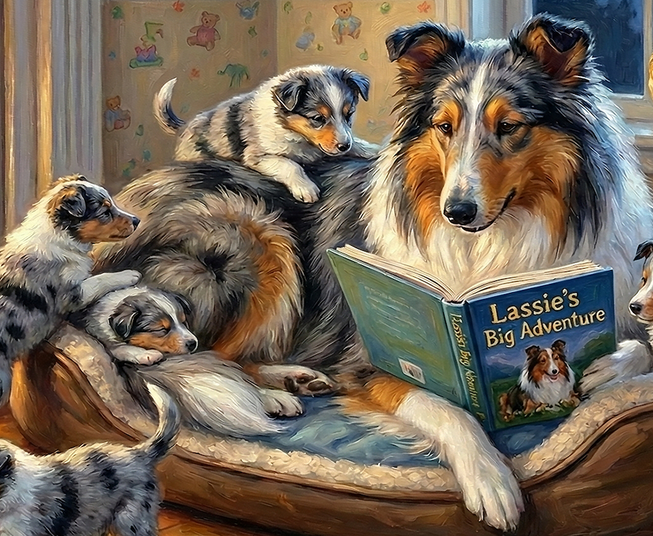 Blue Merle Rough Collie and Puppies. Canvas wall art. Dog-lover gift.