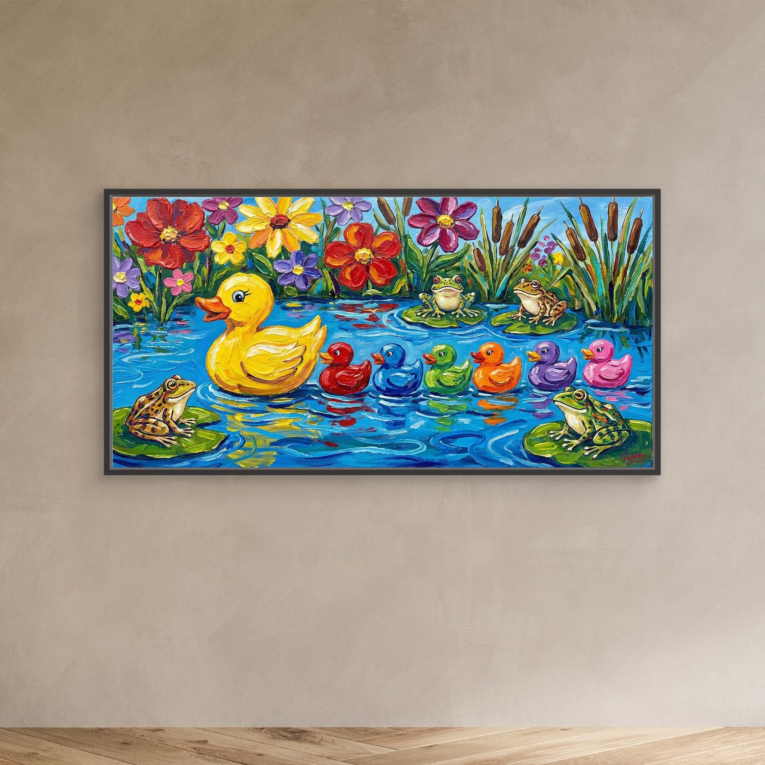 Cute funny Rubber Duck family swimming across pond. Bathroom wall art