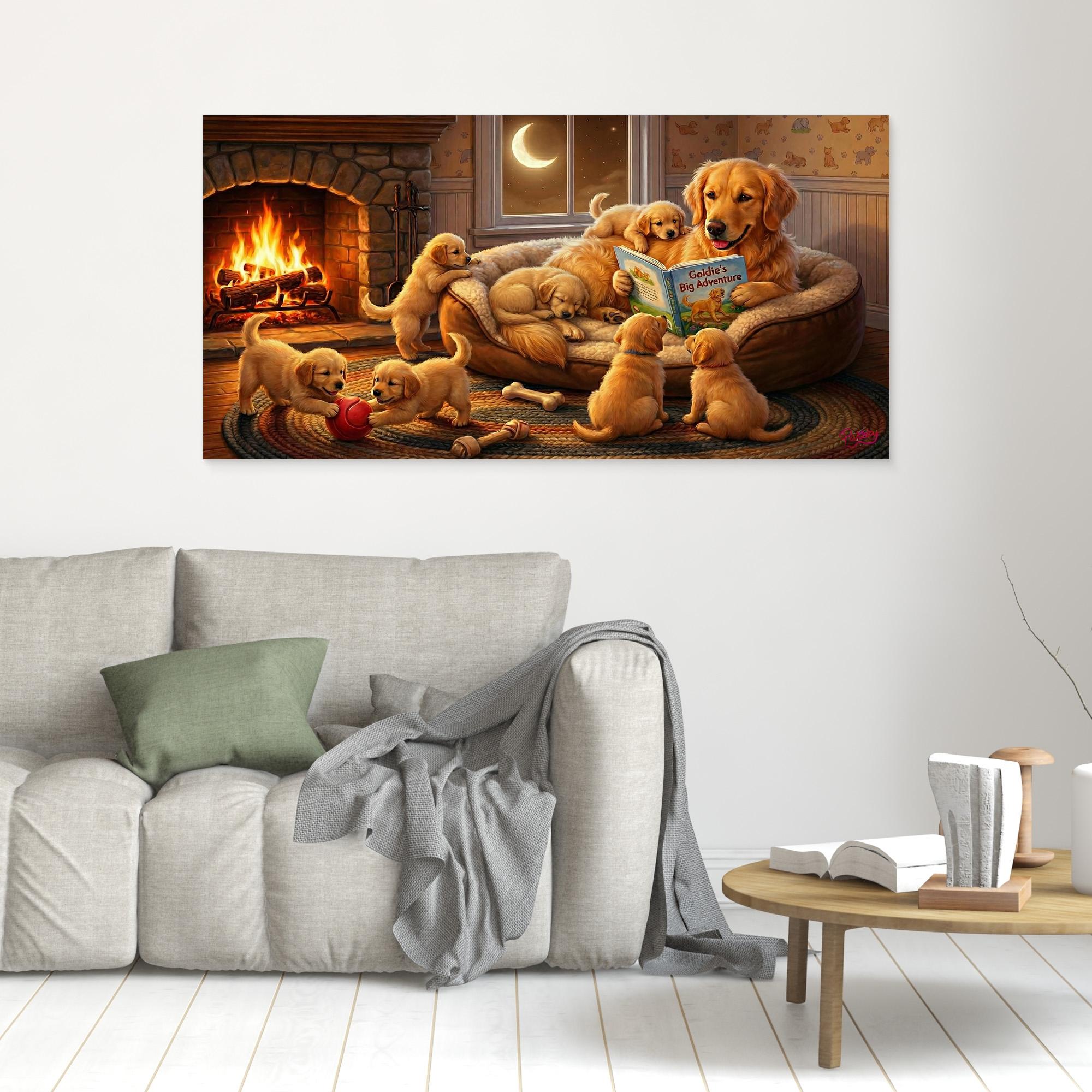 Golden Retriever Reading a Bedtime Story to her Puppies. Dog-lover gift. Canvas wall art