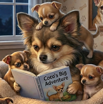 Chihauhua Reading to her Puppies. Canvas wall art.
