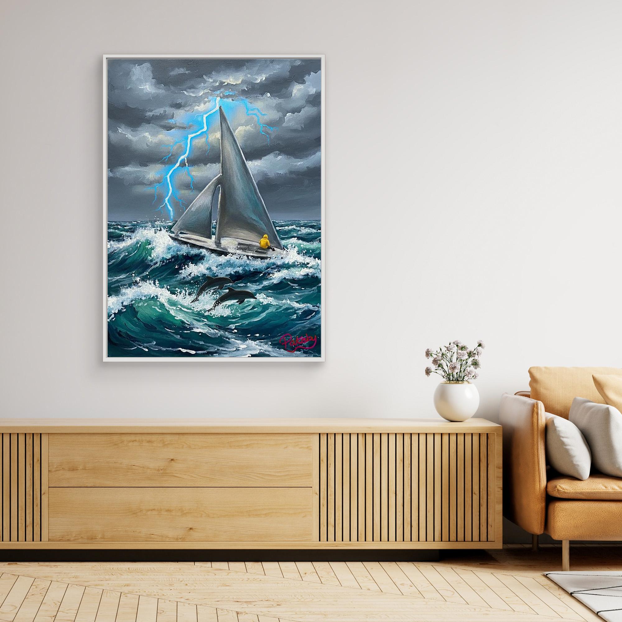 Sailboat with Silver Sails in a Stormy Sea (non-US shipping)