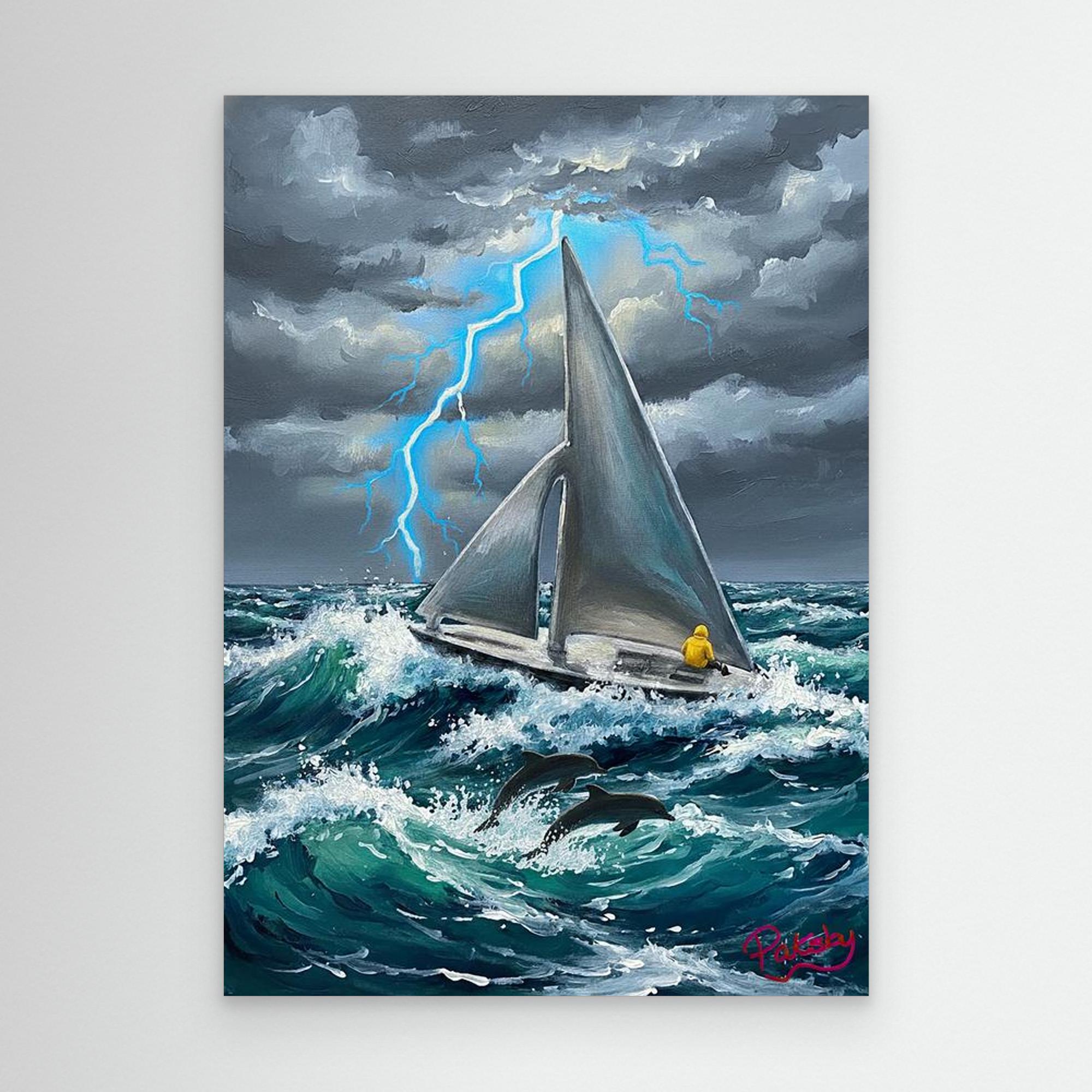 Sailboat with Silver Sails in a Stormy Sea (non-US shipping)