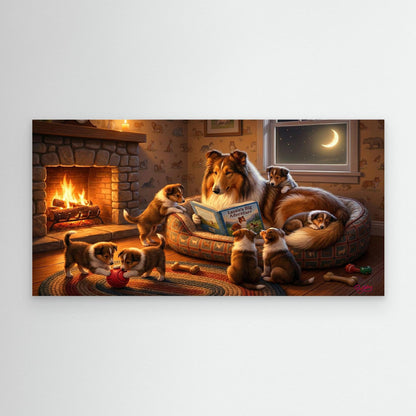 Rough collie reading a story to her puppies.