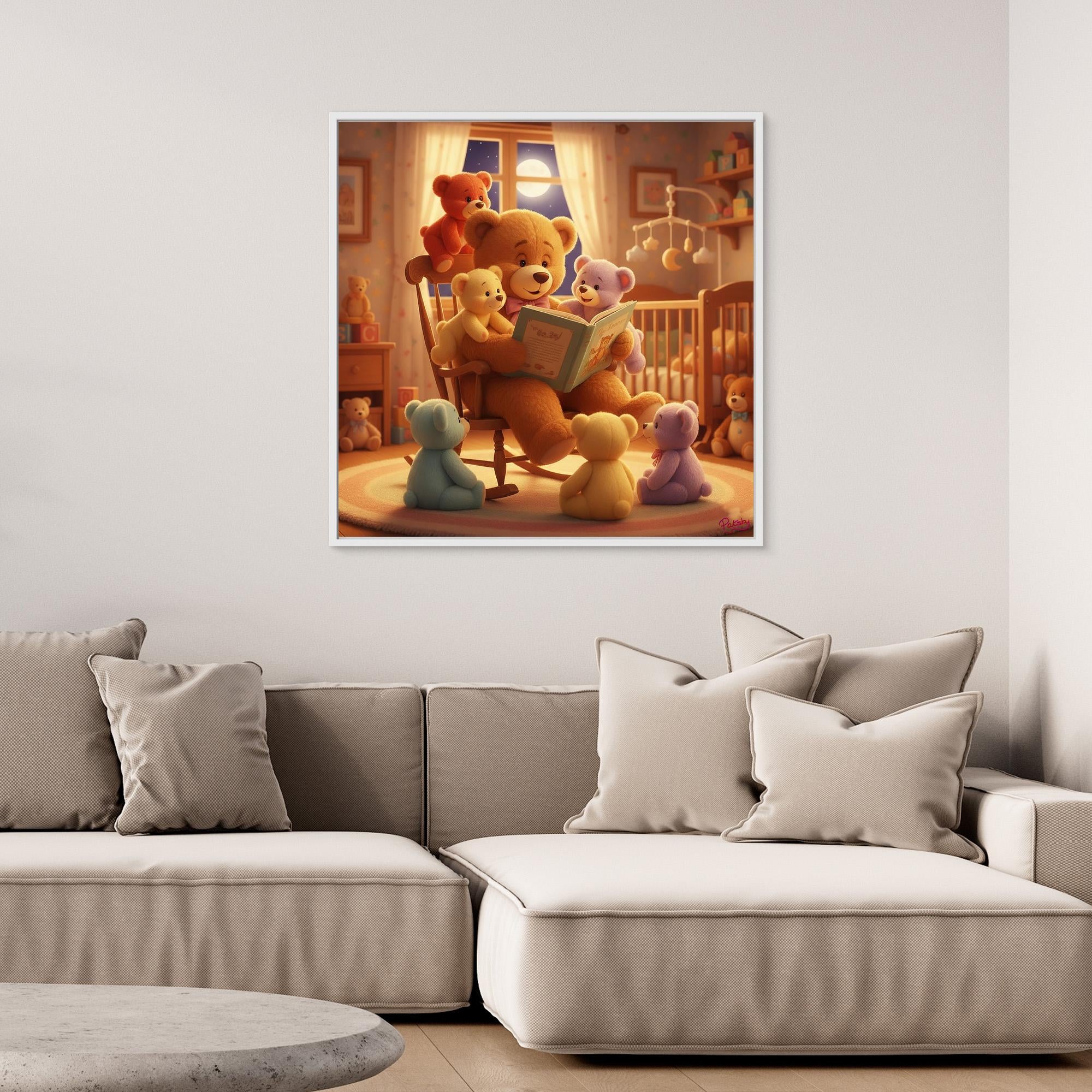 Teddy Bear reading to babies. Baby gift, child gift, canvas print (Non-US shipping)