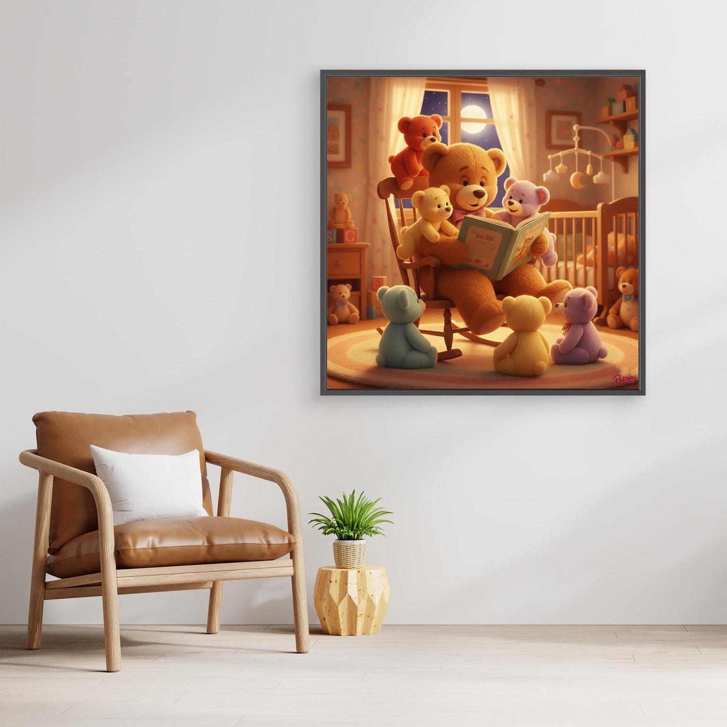 Teddy Bear reading to babies. Baby gift, child gift, canvas print (Non-US shipping)