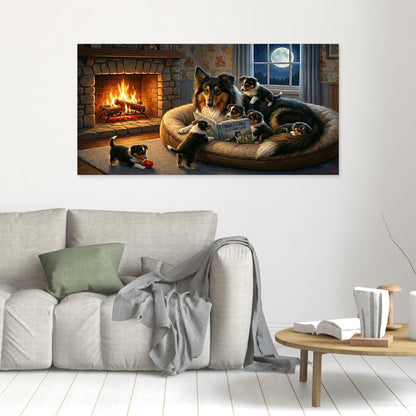 Tricolour Rough Collie Reads a Story to her Puppies. Canvas wall art. Dog-lover gift..