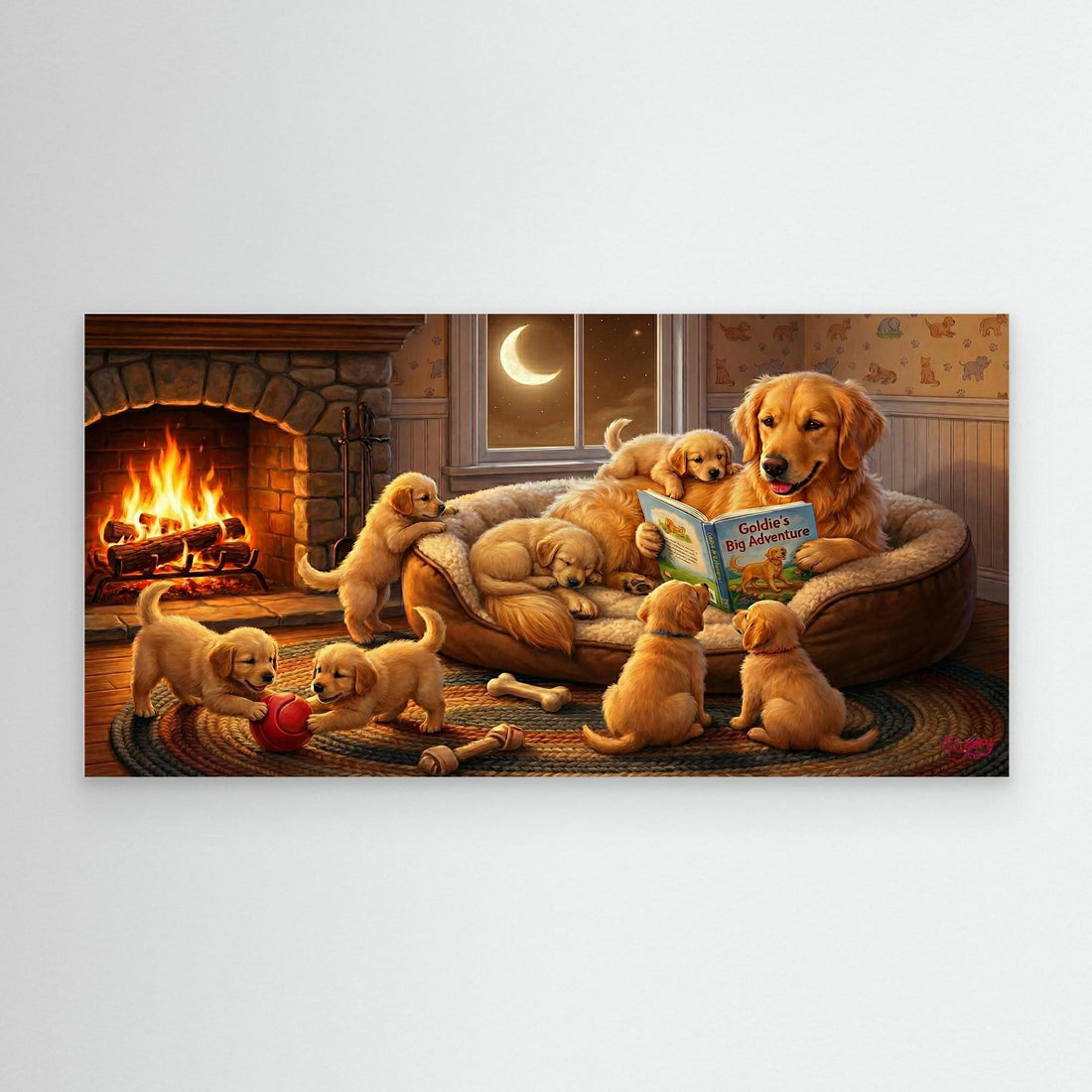 Golden Retriever Reading a Story to her Puppies. Dog-lover gift. Canvas wall art