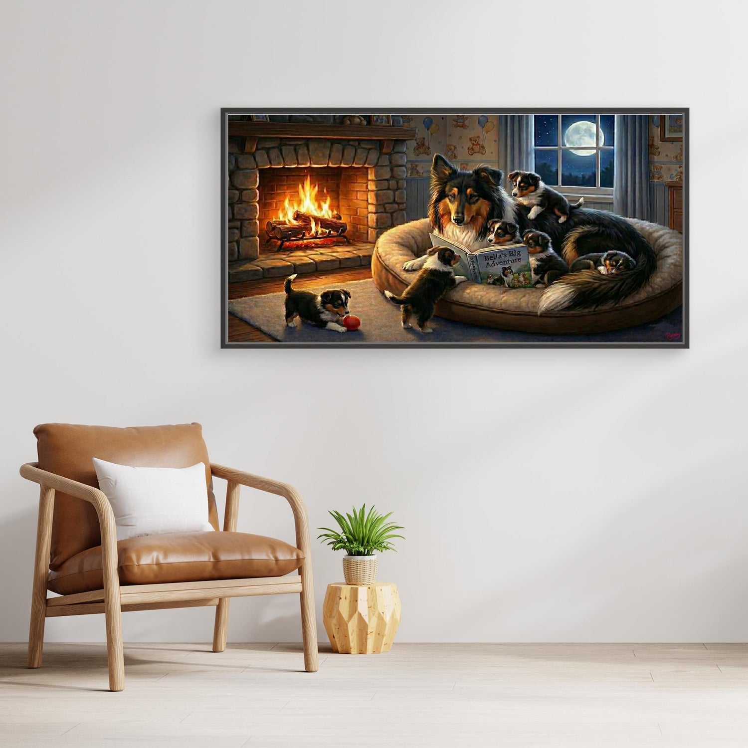 Tricolour Rough Collie Reads a Story to her Puppies. Canvas wall art. Dog-lover gift..