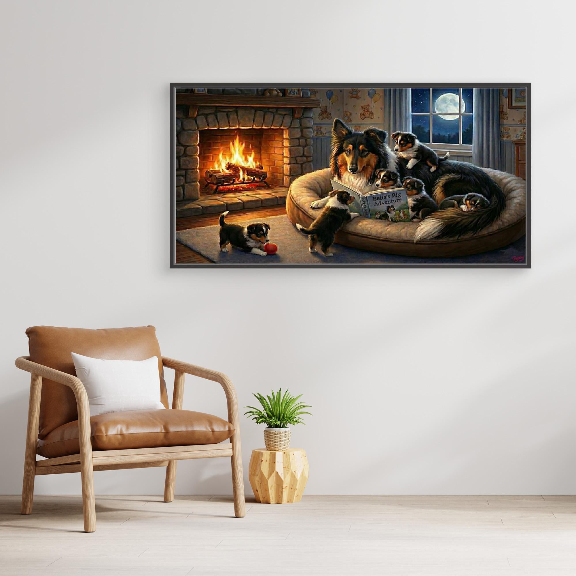 Tricolour Rough Collie Reads a Story to her Puppies. Canvas wall art. Dog-lover gift..