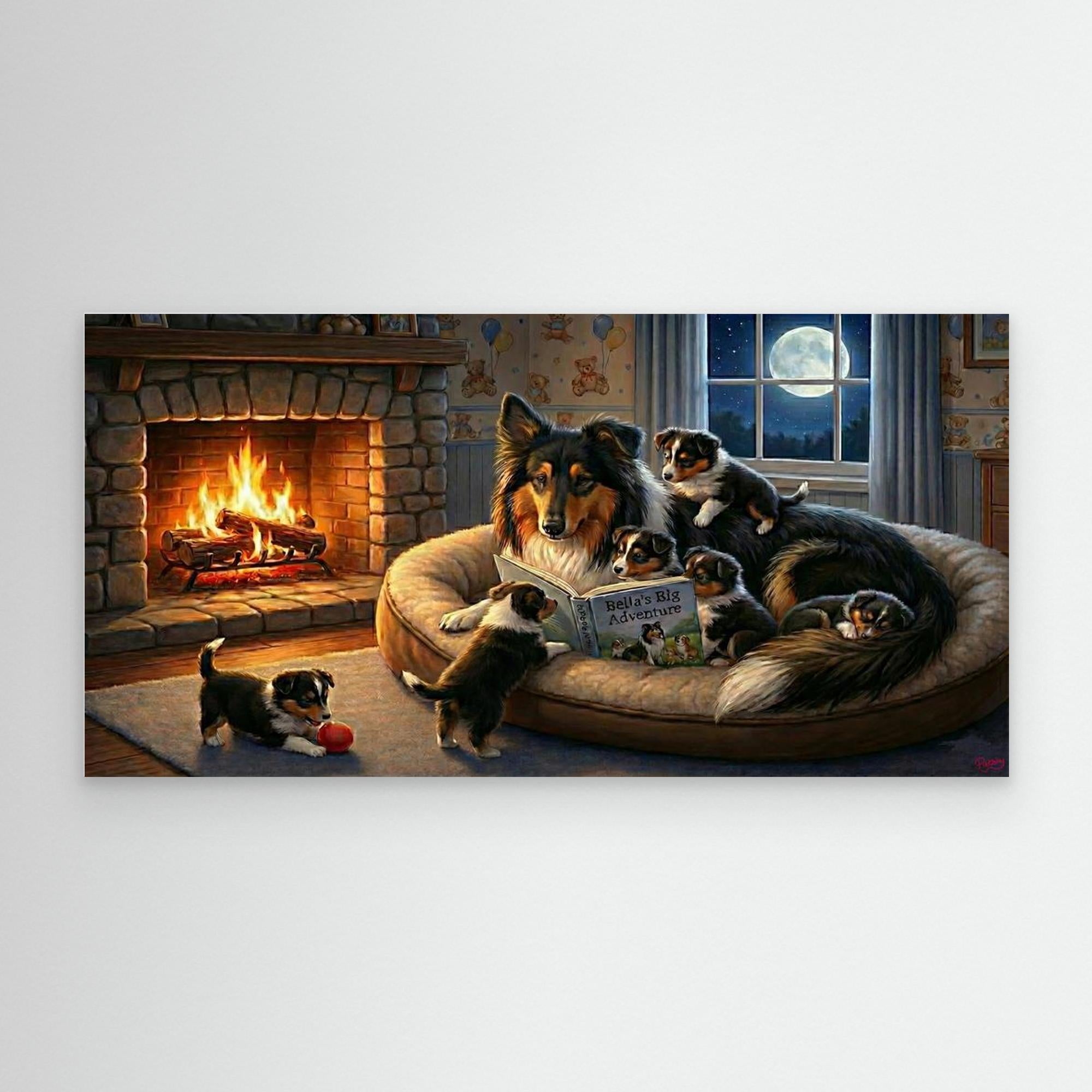 Tricolour Rough Collie Reads a Story to her Puppies. Canvas wall art. Dog-lover gift..