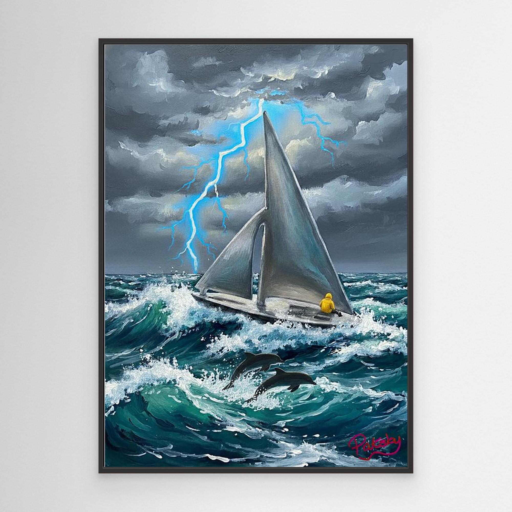 Sailboat with Silver Sails in a Stormy Sea (non-US shipping)