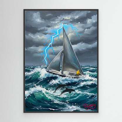 Sailboat with Silver Sails in a Stormy Sea (non-US shipping)