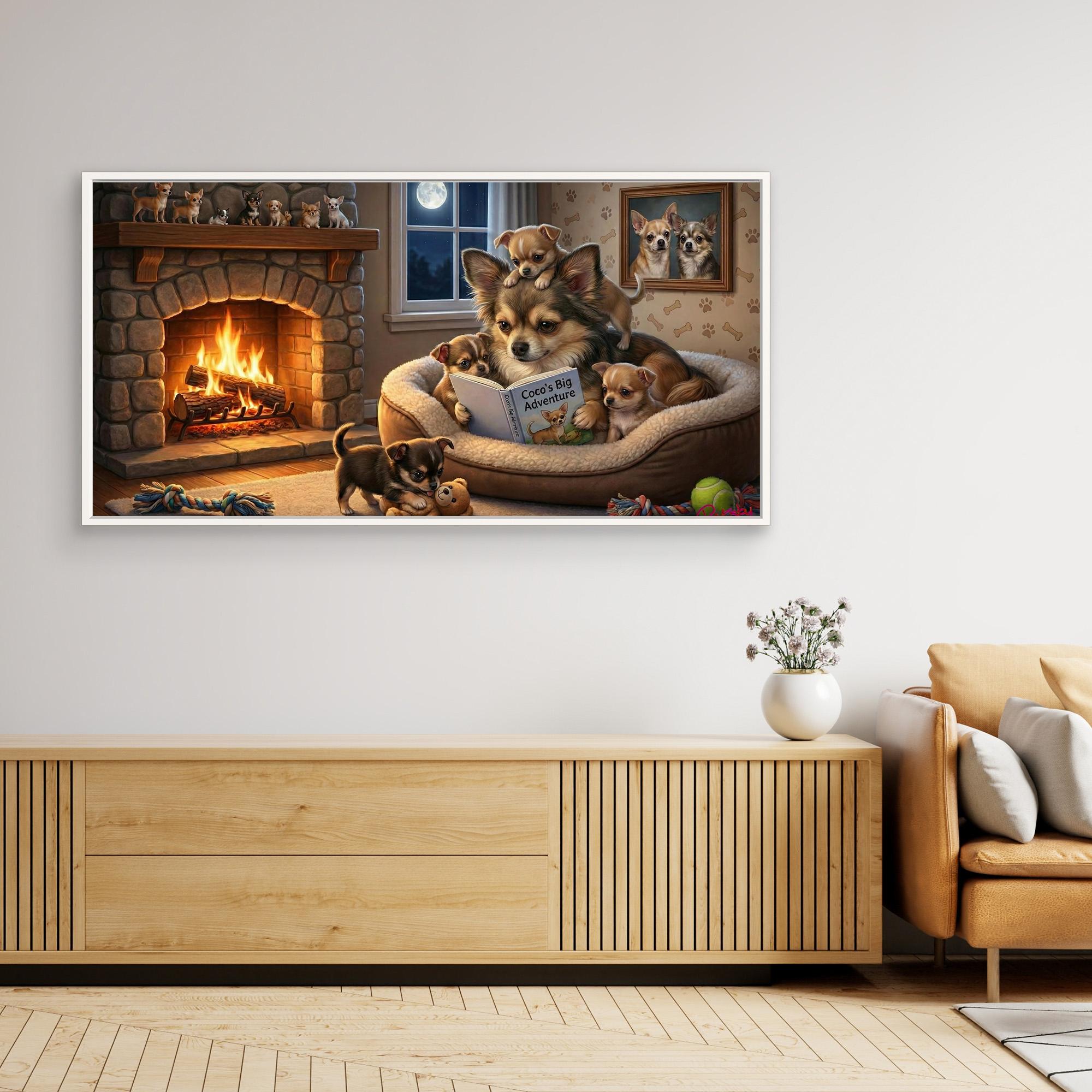 Chihauhua Reading to her Puppies. Canvas wall art.