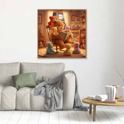 Teddy Bear reading to babies. Baby gift, child gift, canvas print (Non-US shipping)