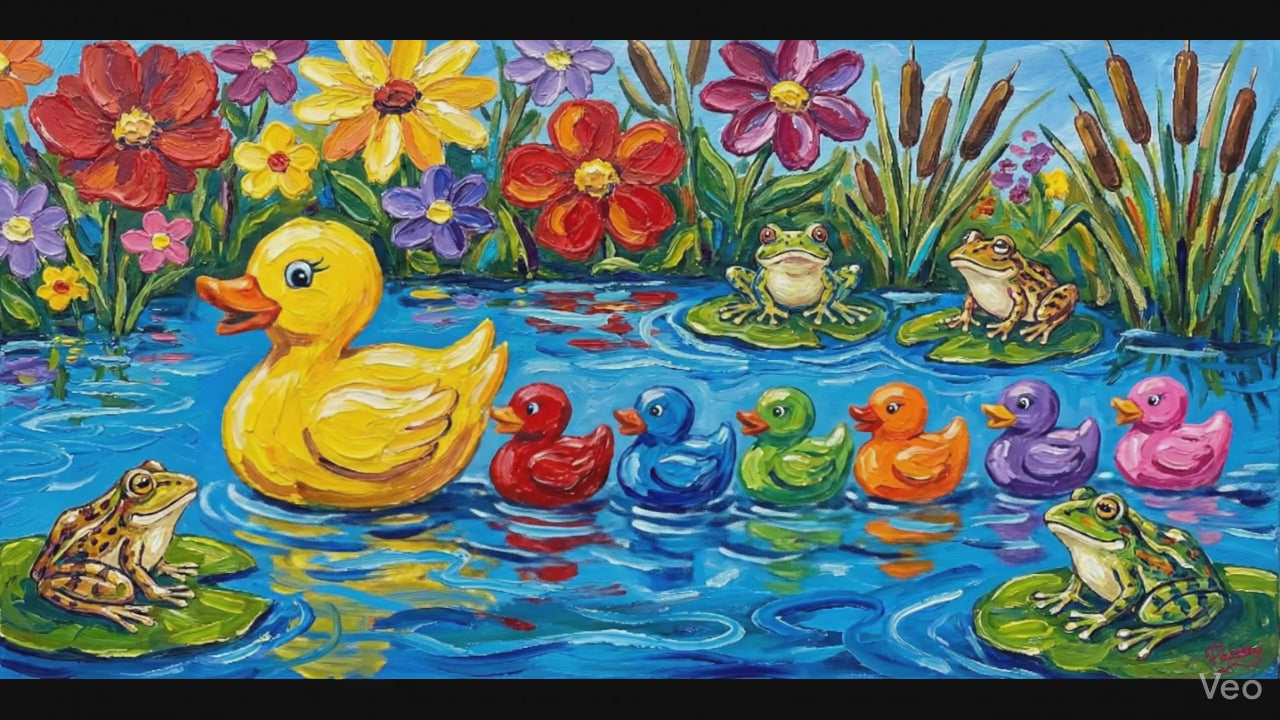 Cute funny Rubber Duck family swimming across pond. Canvas wall art