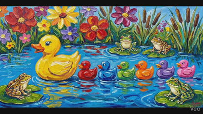 Cute funny Rubber Duck family swimming across pond. Canvas wall art
