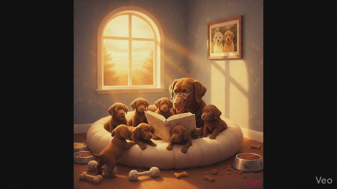 Chocolate Labrador Mama Reading a Bedtime Story to her Puppies. Canvas print.