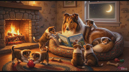 Rough collie reading a story to her puppies.
