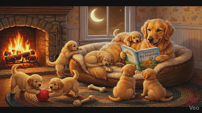 Golden Retriever Reading a Bedtime Story to her Puppies. Dog-lover gift. Canvas wall art