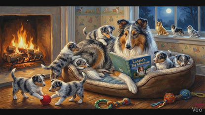 Blue Merle Rough Collie and Puppies. Canvas wall art. Dog-lover gift.