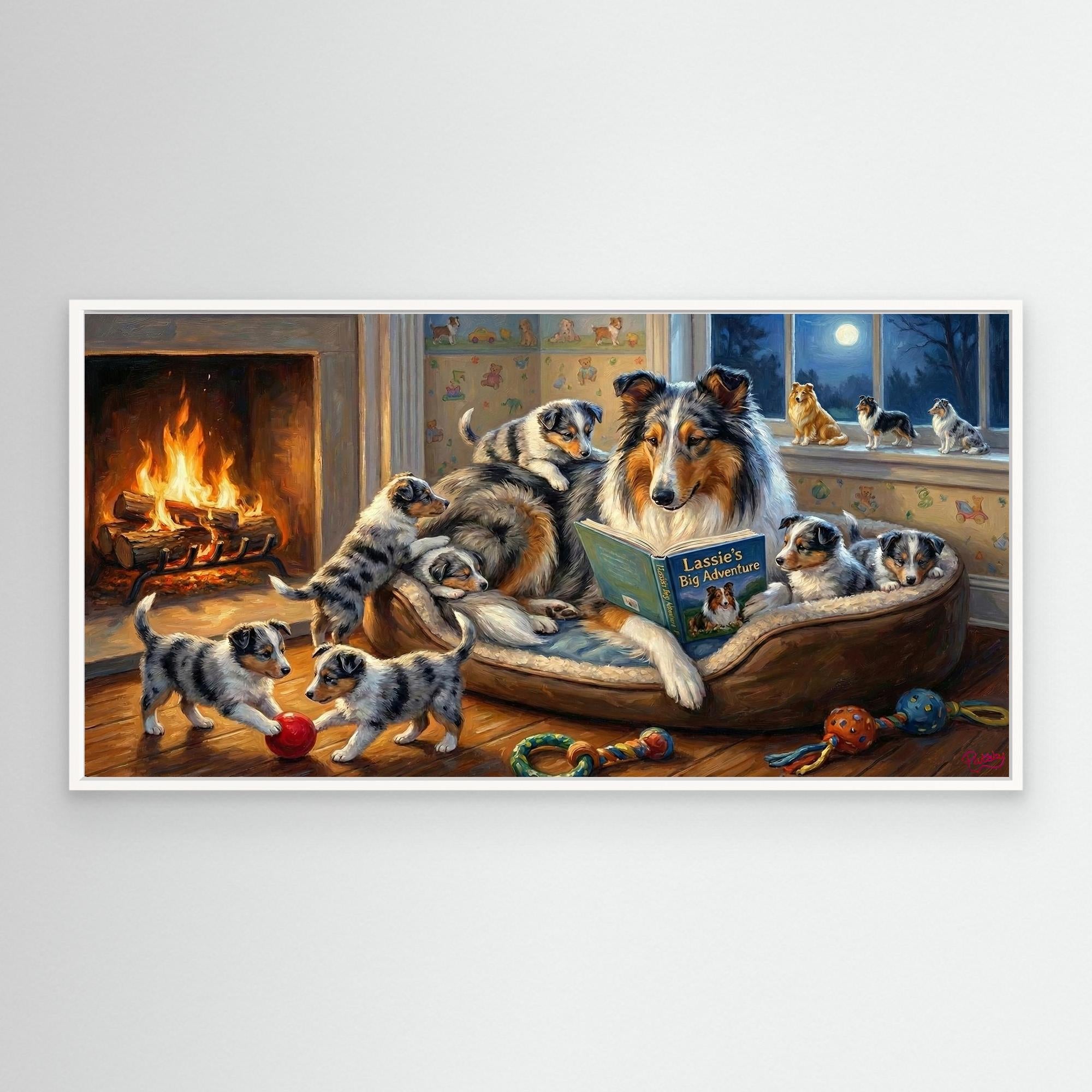 Blue Merle Rough Collie and Puppies. Canvas wall art. Dog-lover gift.