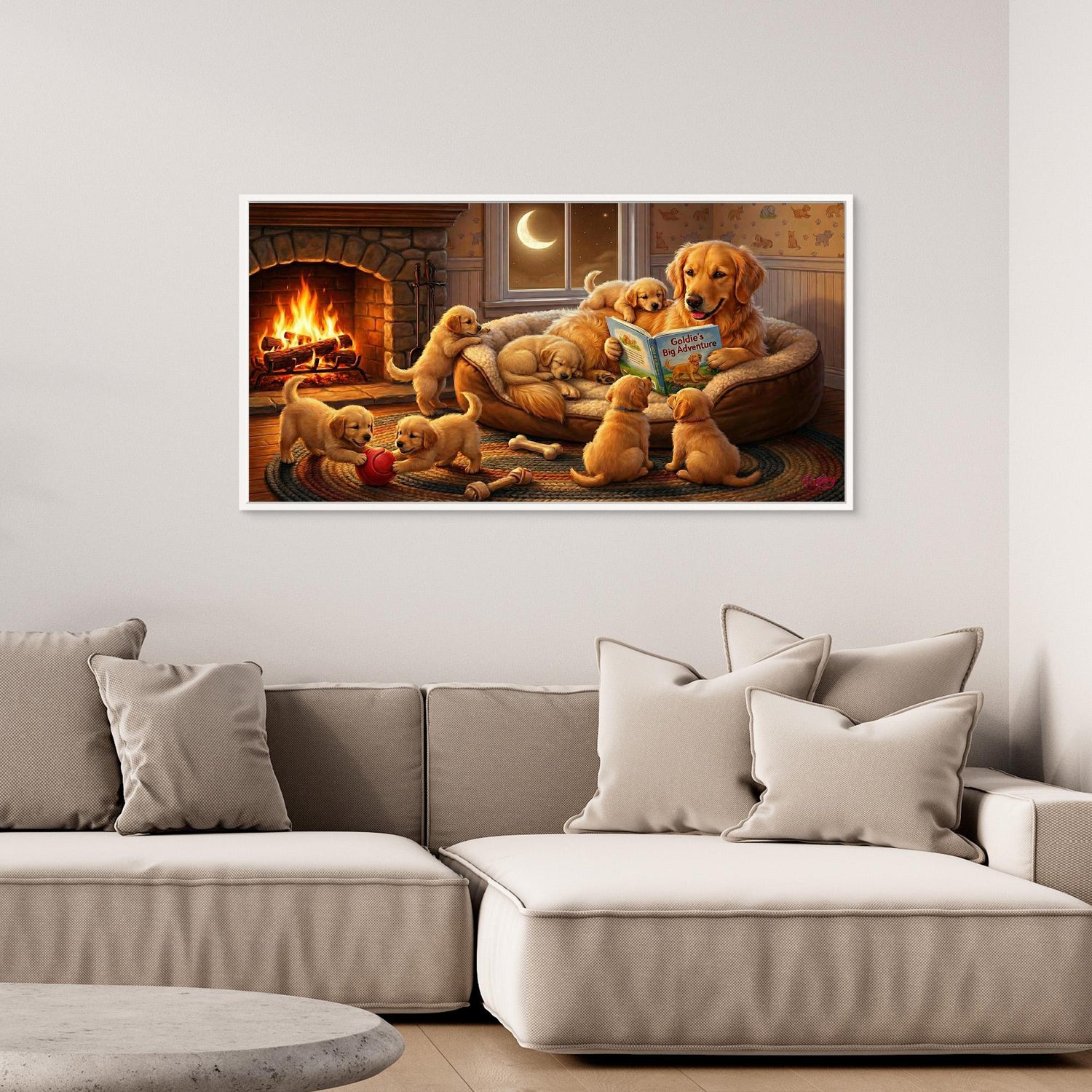 Golden Retriever Reading a Bedtime Story to her Puppies. Dog-lover gift. Canvas wall art