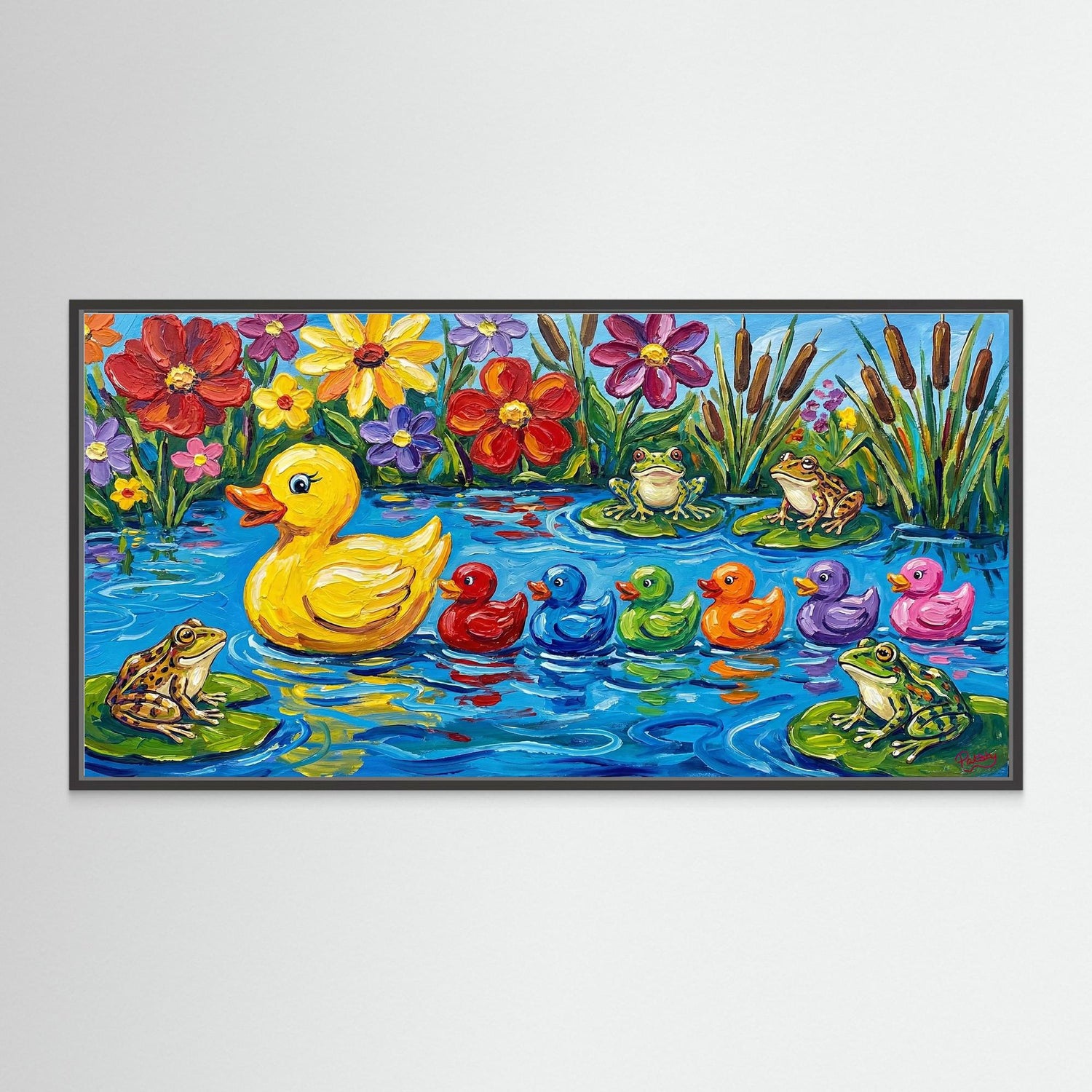 Cute funny Rubber Duck family swimming across pond. Bathroom wall art
