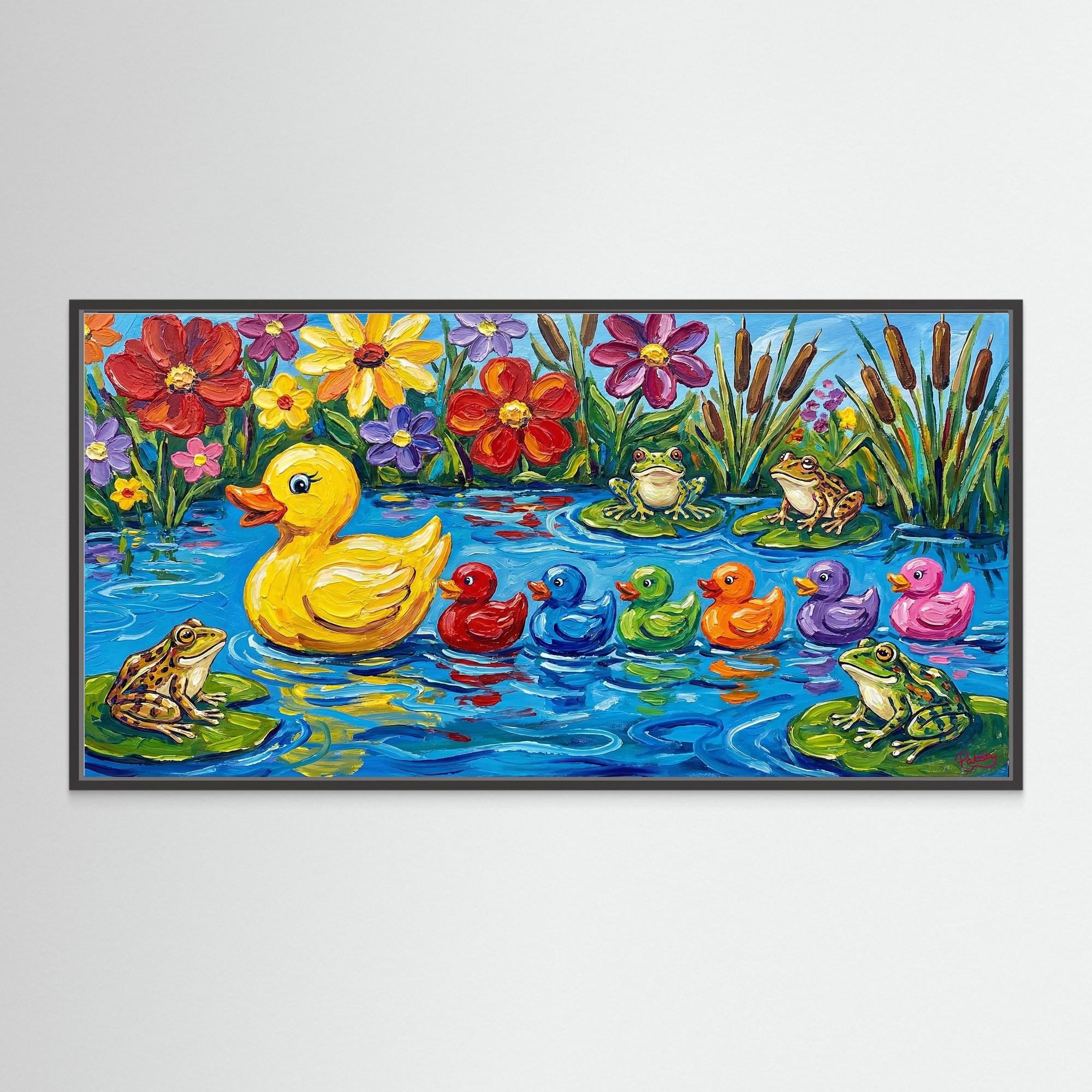 Cute funny Rubber Duck family swimming across pond. Bathroom wall art