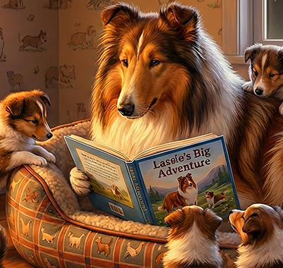 Rough collie reading a story to her puppies.