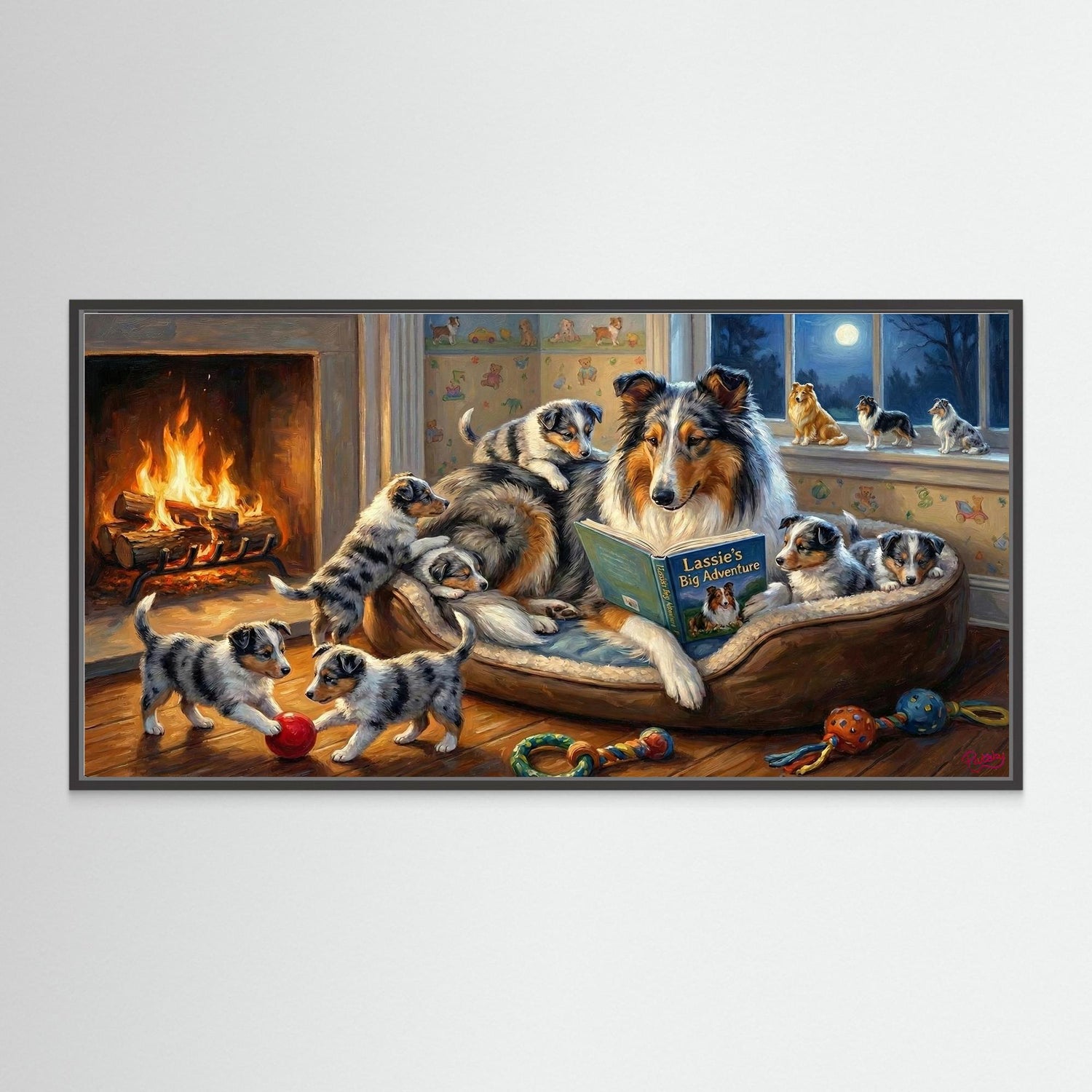 Blue Merle Rough Collie and Puppies. Canvas wall art. Dog-lover gift.