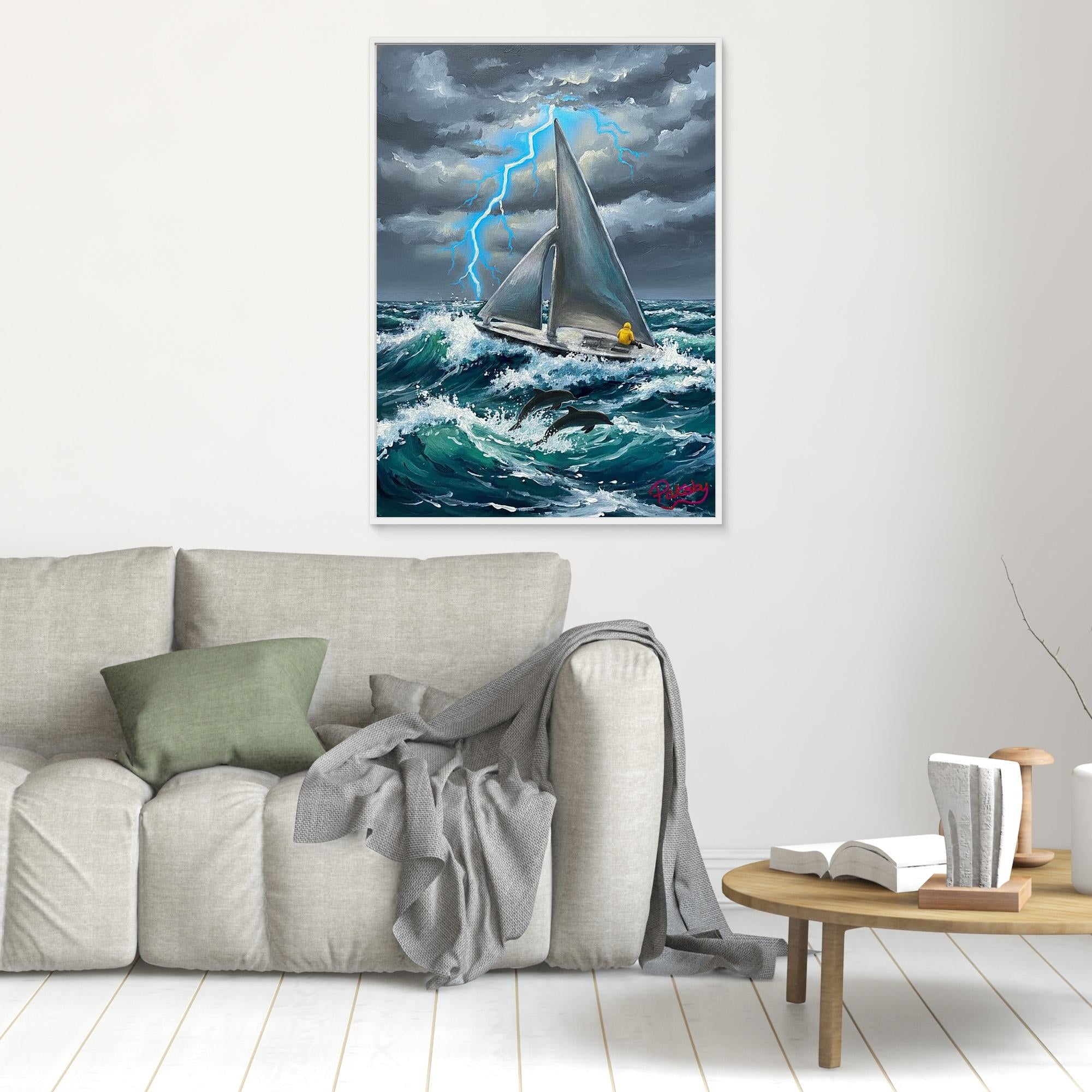 Sailboat with Silver Sails in a Stormy Sea (non-US shipping)