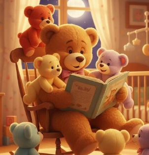 Teddy Bear reading to babies. Baby gift, child gift, canvas print