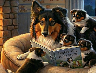 Tricolour Rough Collie Reads a Story to her Puppies. Canvas wall art. Dog-lover gift..