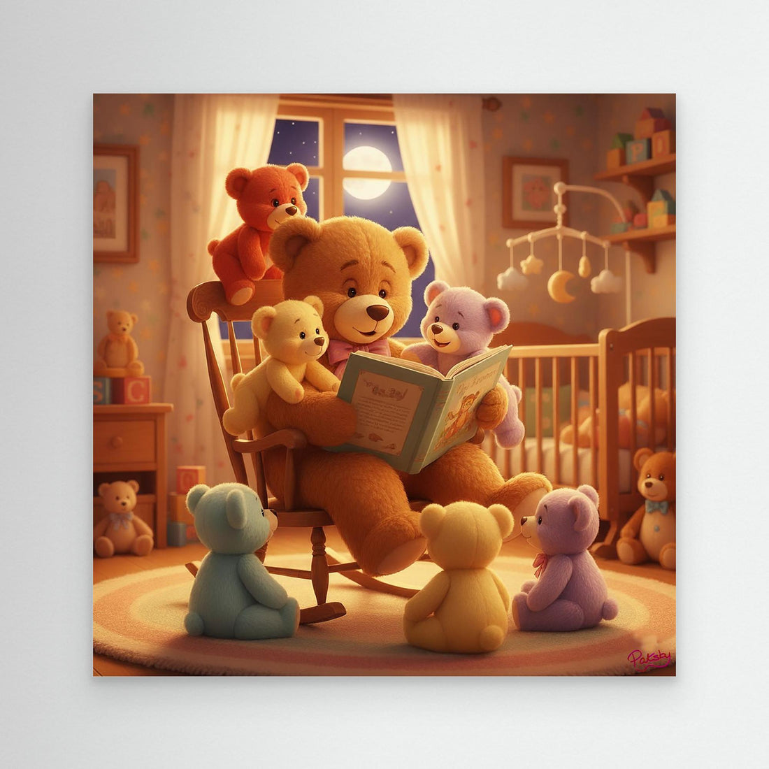 Teddy Bear reading to babies. Baby gift, child gift, canvas print (Non-US shipping)