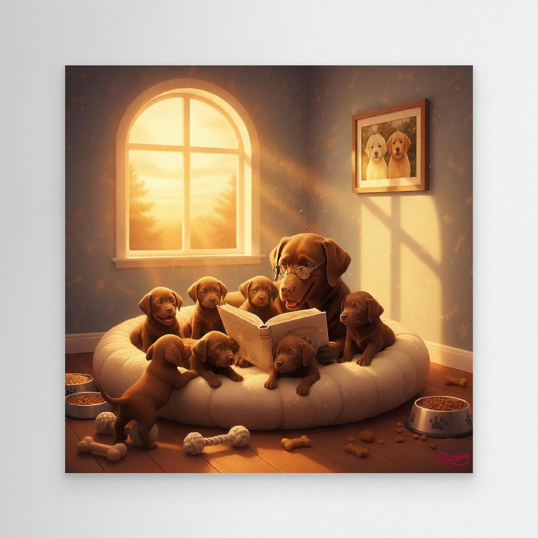 Chocolate Labrador Mama Reading a Bedtime Story to her Puppies. Gift for dog lover. (US shipping)