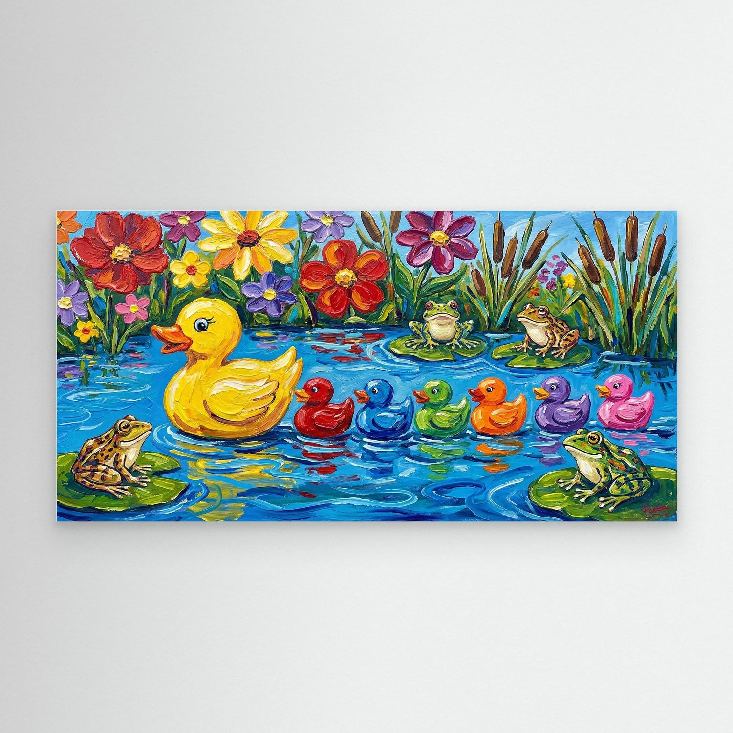 Cute funny Rubber Duck family swimming across pond. Bathroom wall art