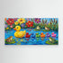 Cute funny Rubber Duck family swimming across pond. Bathroom wall art